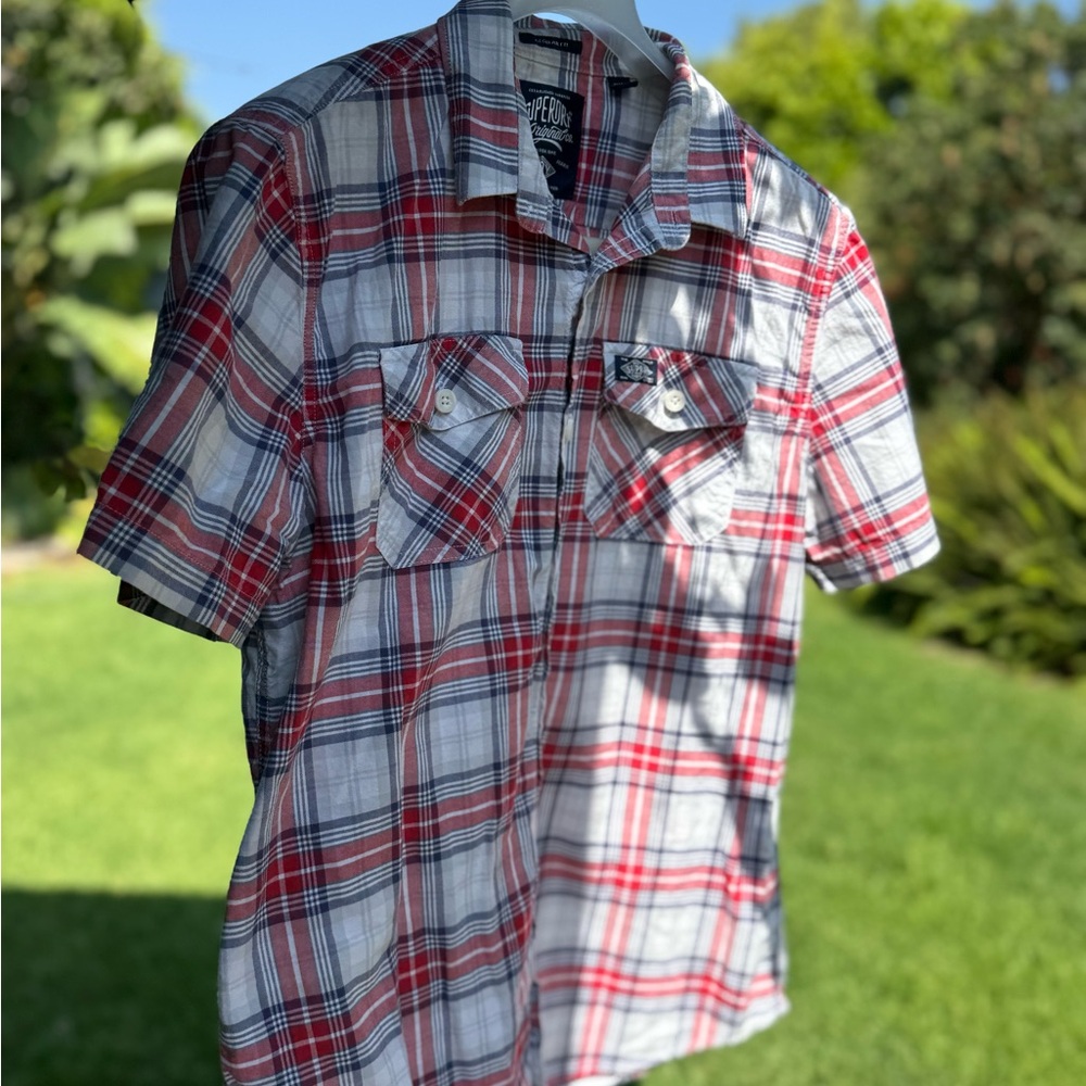 Superdry Red and White Plaid Short Sleeve Button-Down Shirt - Picture 2 of 7